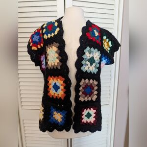 Handmade Granny Square Sweater AfganVest Cardigan Cap Sleeve Boho Roseanne
